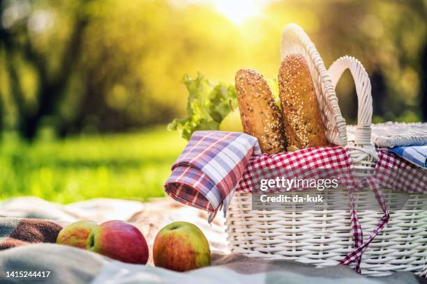 picnic basket in the park at sunset - picnic stock pictures, royalty-free photos & images