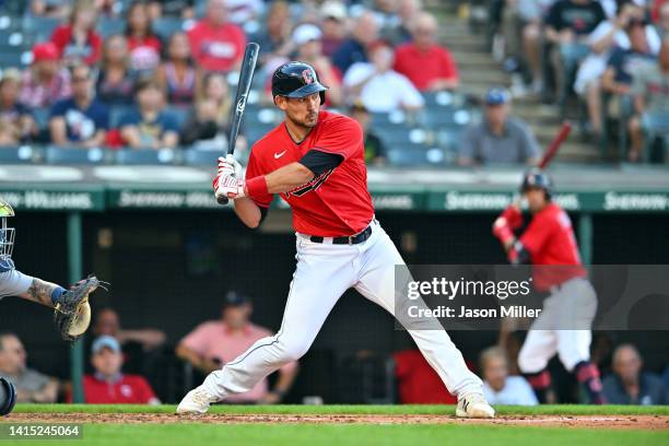 Luke Maile of the Cleveland Guardians at bat during the second inning of the second game of a doubleheader against the Detroit Tigers at Progressive...