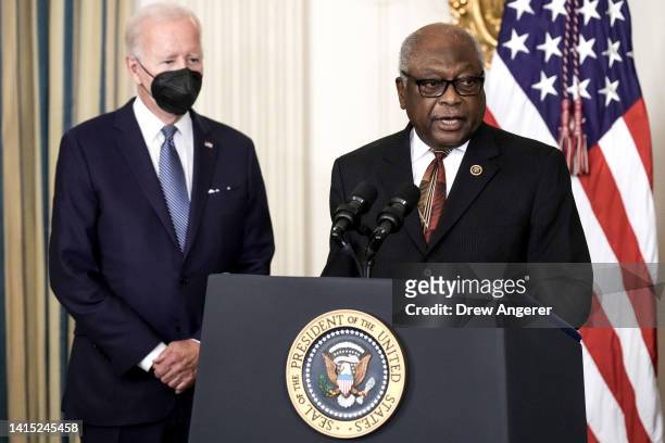 House Majority Whip James Clyburn speaks during the signing ceremony for The Inflation Reduction Act in the State Dining Room of the White House...