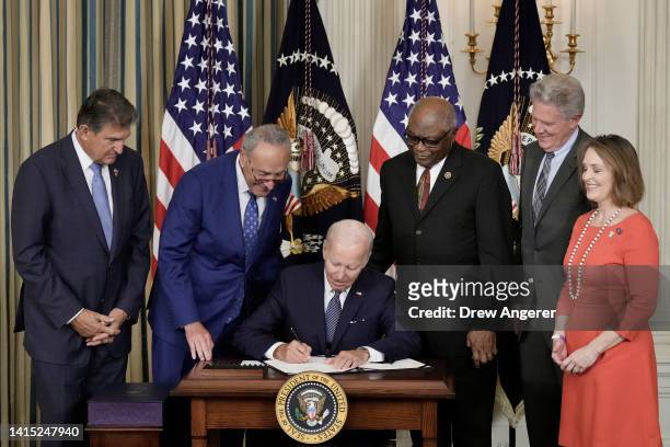 President Joe Biden signs The Inflation Reduction Act with Sen. Joe Manchin , Senate Majority Leader Charles Schumer , House Majority Whip James...