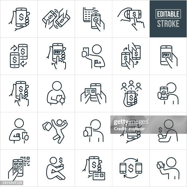stockillustraties, clipart, cartoons en iconen met mobile payment thin line icons - editable stroke - qr code