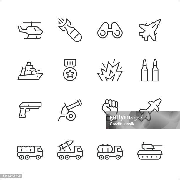 military - pixel perfect line icon set, editable stroke weight. - military base stock illustrations