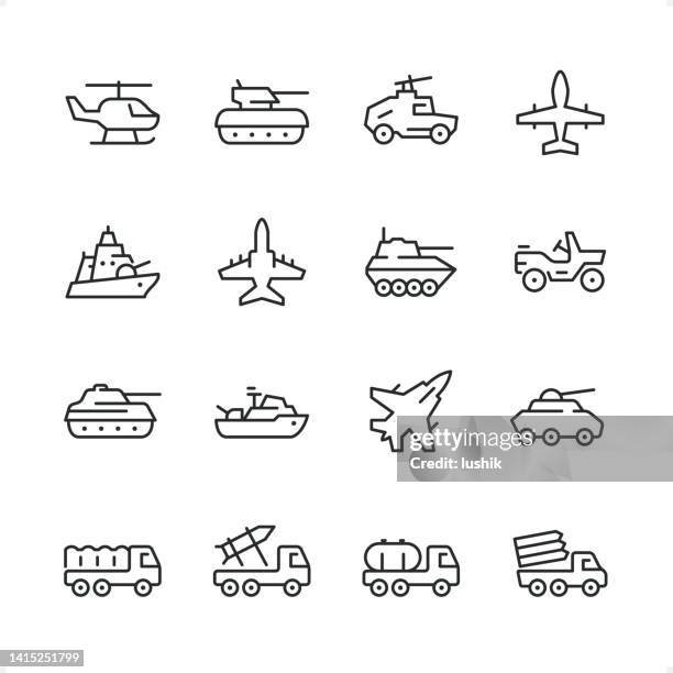 military vehicle - pixel perfect line icon set, editable stroke weight. - military base icon stock illustrations