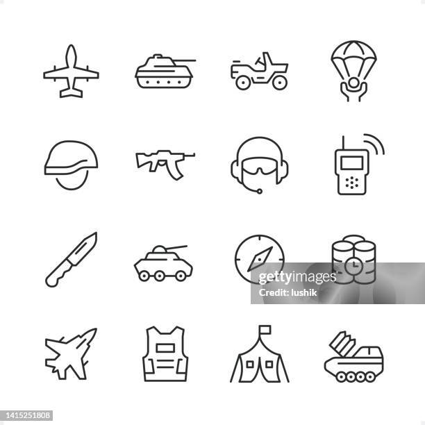 stockillustraties, clipart, cartoons en iconen met military - pixel perfect line icon set, editable stroke weight. - aircraft carrier icon