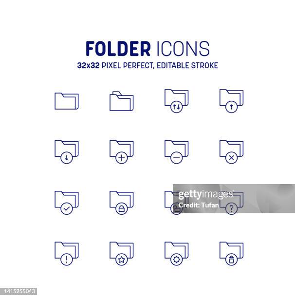 folder icon set. folders flat line icons collection. file catalog, local network and document search vector - pixel perfect stock illustrations