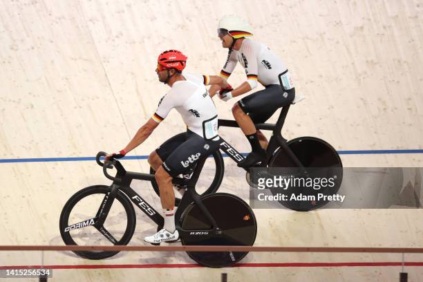 Theo Reinhardt and Roger Kluge of Germany compete in the Men's Madison Final during the cycling track competition on day 6 of the European...