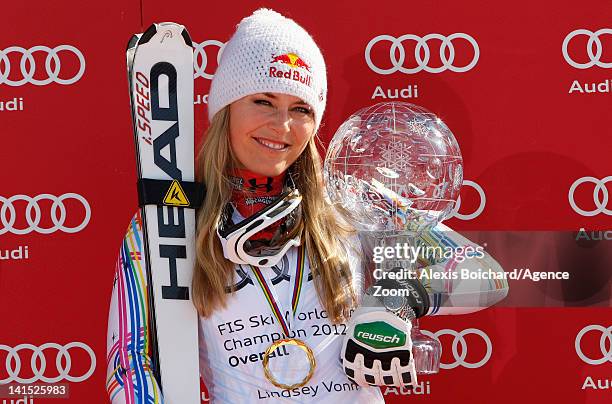 Lindsey Vonn of the USA wins the Overall World Cup on March 18, 2012 in Schladming, Austria.