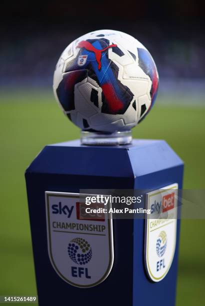 Detailed view of the EFL match ball on the plinth prior to the Sky Bet Championship between Queens Park Rangers and Blackpool at Loftus Road on...