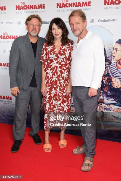 Justus von Dohnányi, Iris Berben and director Sönke Wortmann attend the photocall for Der Nachname during the opening of Filmmesse Cologne at Cinedom...