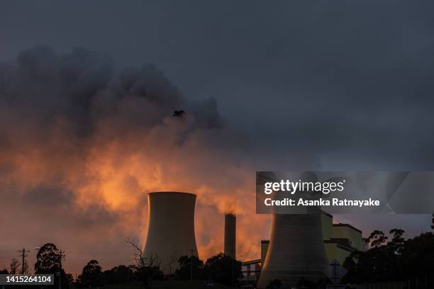 General view of the Loy Yang power plants as the sun rises on August 17, 2022 in Traralgon, Australia. The Greens will introduce a bill to state...