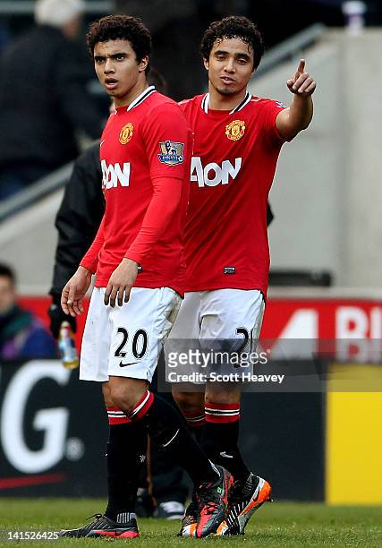 Fabio Da Silva and Rafael Da Silva during the Barclays Premier League Match between Wolverhampton Wanderers and Manchester United at Molineux on...