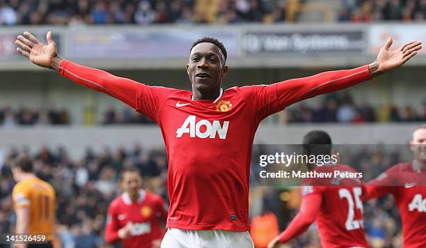 Danny Welbeck of Manchester United celebrates scoring their third goal during the Barclays Premier League match between Wolverhampton Wanderers and...