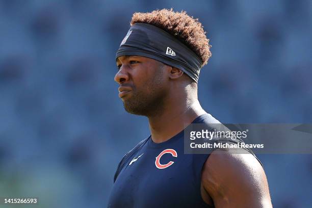 Roquan Smith of the Chicago Bears looks on prior to the preseason game against the Kansas City Chiefs at Soldier Field on August 13, 2022 in Chicago,...
