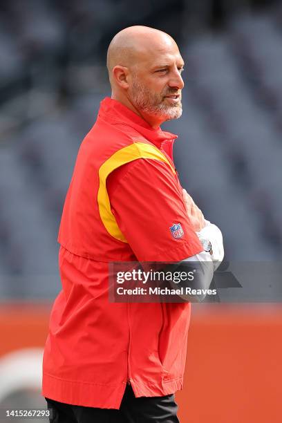 Senior offensive assistant and quarterbacks coach Matt Nagy looks on prior to a preseason game against the Chicago Bears at Soldier Field on August...