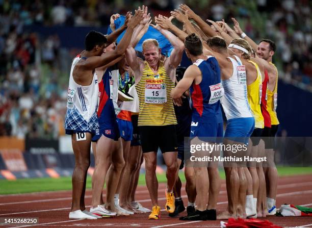 Athletes show appreciation to Arthur Abele of Germany after the Athletics - Men's Decathlon 1500m - Heat 1 on day 6 of the European Championships...
