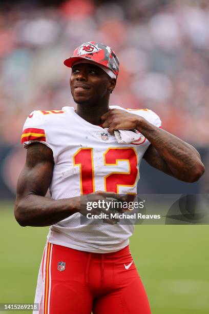 Josh Gordon of the Kansas City Chiefs looks on against the Chicago Bears during the second half of the preseason game at Soldier Field on August 13,...