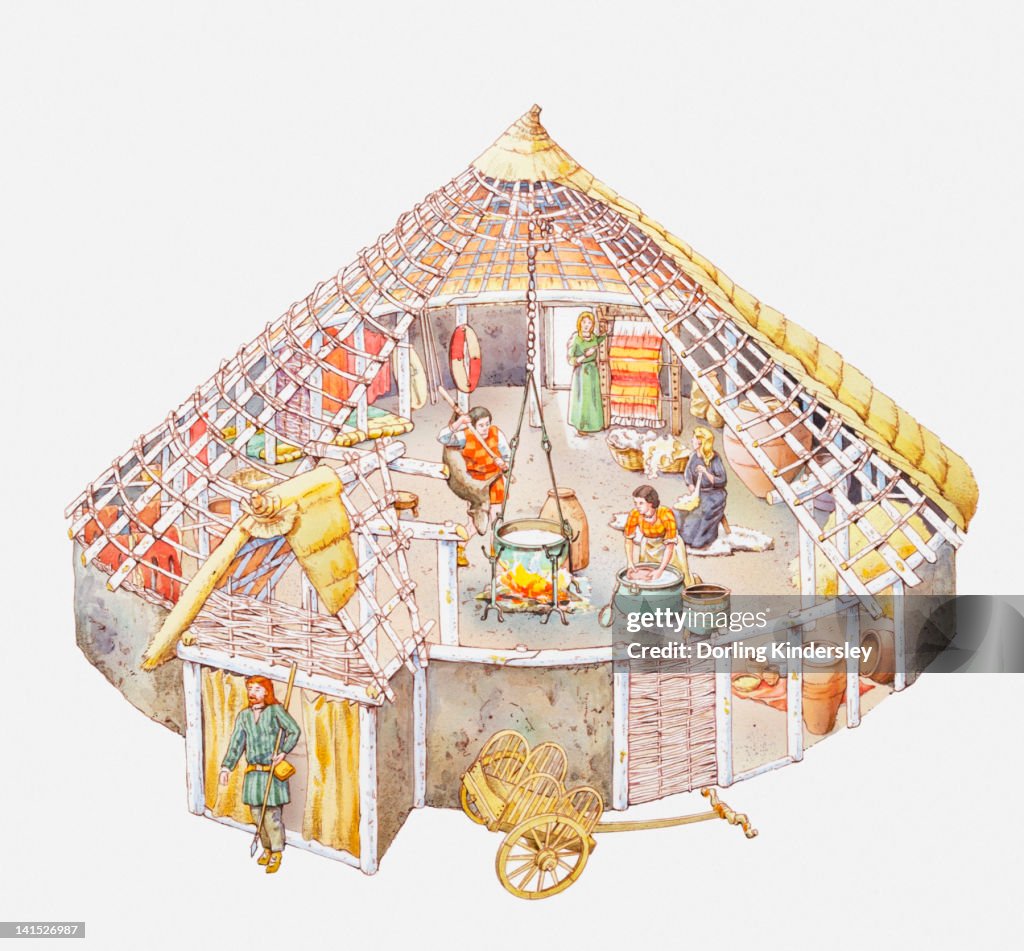 Illustration of a Celtic home showing cooking cauldron hanging on a cross-beam from the wooden frame of the house, walls made from woven branches, thatched roof, people engaged in household jobs