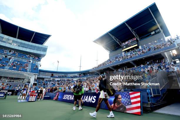 Serena Williams take the court for her match against Emma Raducanu of Great Britain during the Western & Southern Open at Lindner Family Tennis...