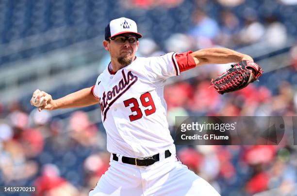 Tyler Clippard of the Washington Nationals pitches against the San Diego Padres at Nationals Park on August 14, 2022 in Washington, DC.
