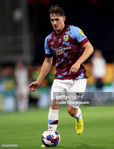 Connor Roberts of Burnley on the ball during the Sky Bet Championship between Burnley and Hull City at Turf Moor on August 16, 2022 in Burnley,...