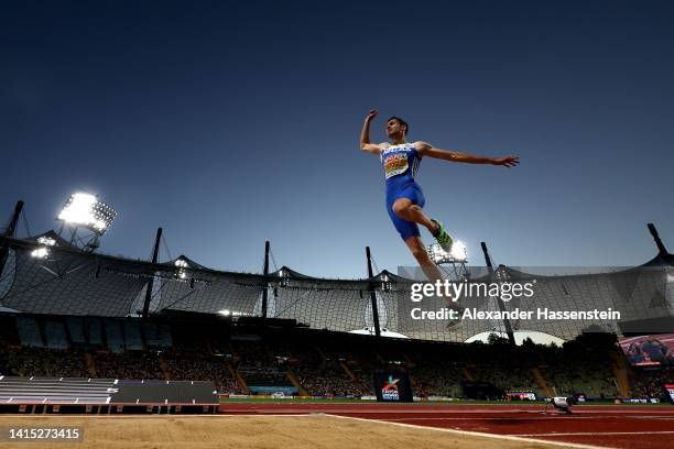 Miltiadis Tentoglou of Greece competes during the Athletics - Men's Long Jump Final on day 6 of the European Championships Munich 2022 at Olympiapark...