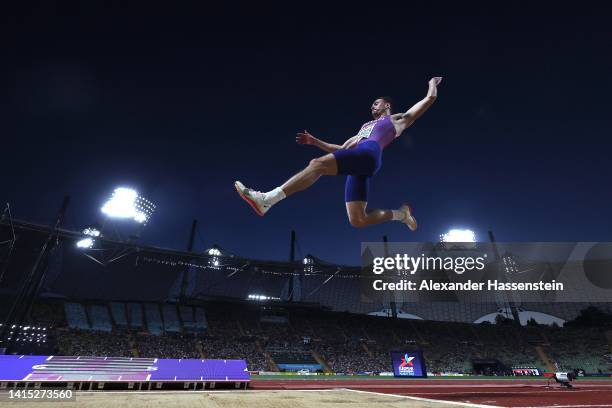 Jacob Fincham-Dukes of Great Britain competes during the Athletics - Men's Long Jump Final on day 6 of the European Championships Munich 2022 at...