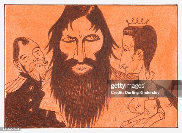 ilustraciones, imágenes clip art, dibujos animados e iconos de stock de cartoon of griogri rasputin, nicholas ii and his wife alexandra - 1910