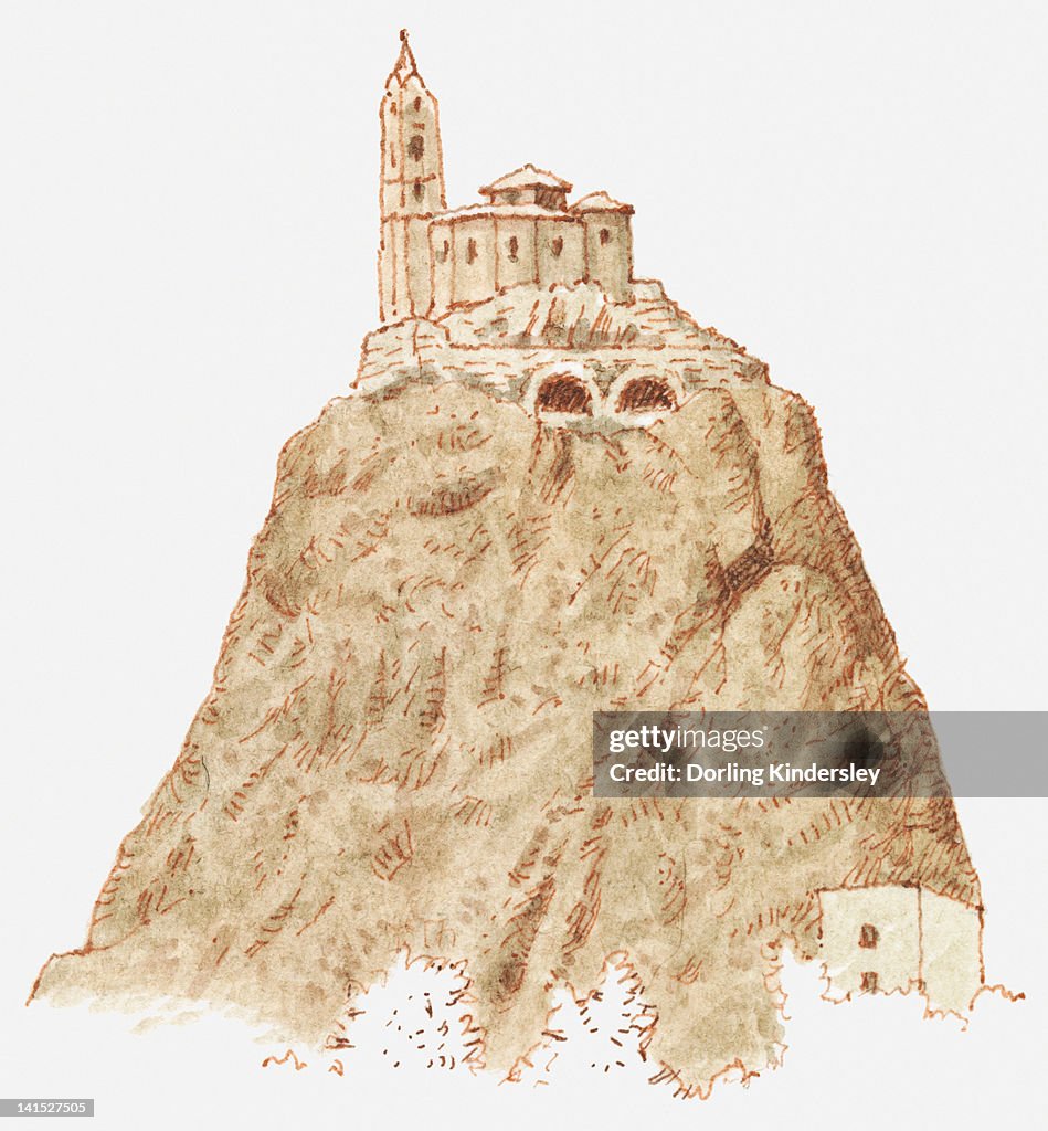 Illustration of Saint-Michel d'Aiguilhe chapel on top of a volcanic rock, Le Puy-en-Velay, Auvergne, France