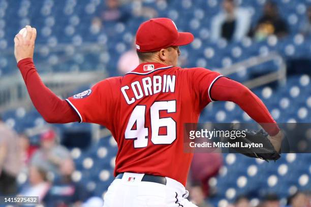 Patrick Corbin of the Washington Nationals pitches in the first inning during a baseball game against the Chicago Cubs at Nationals Park on August...