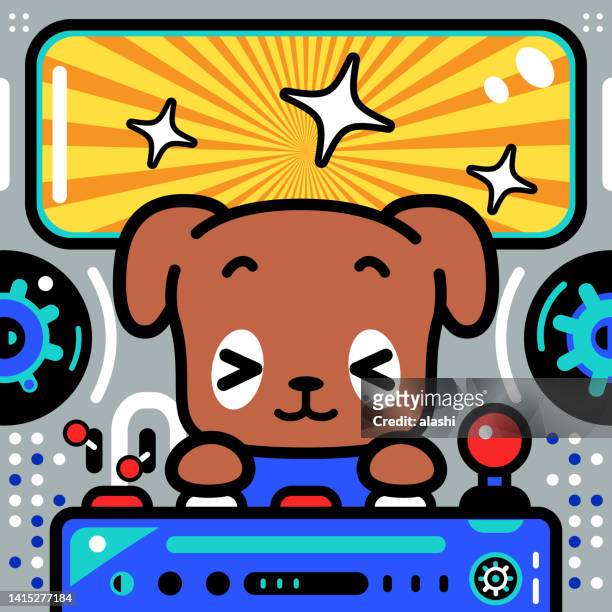 ein süßer hund steuert ein unlimited power-raumschiff mit lichtgeschwindigkeit - game over short phrase stock-grafiken, -clipart, -cartoons und -symbole