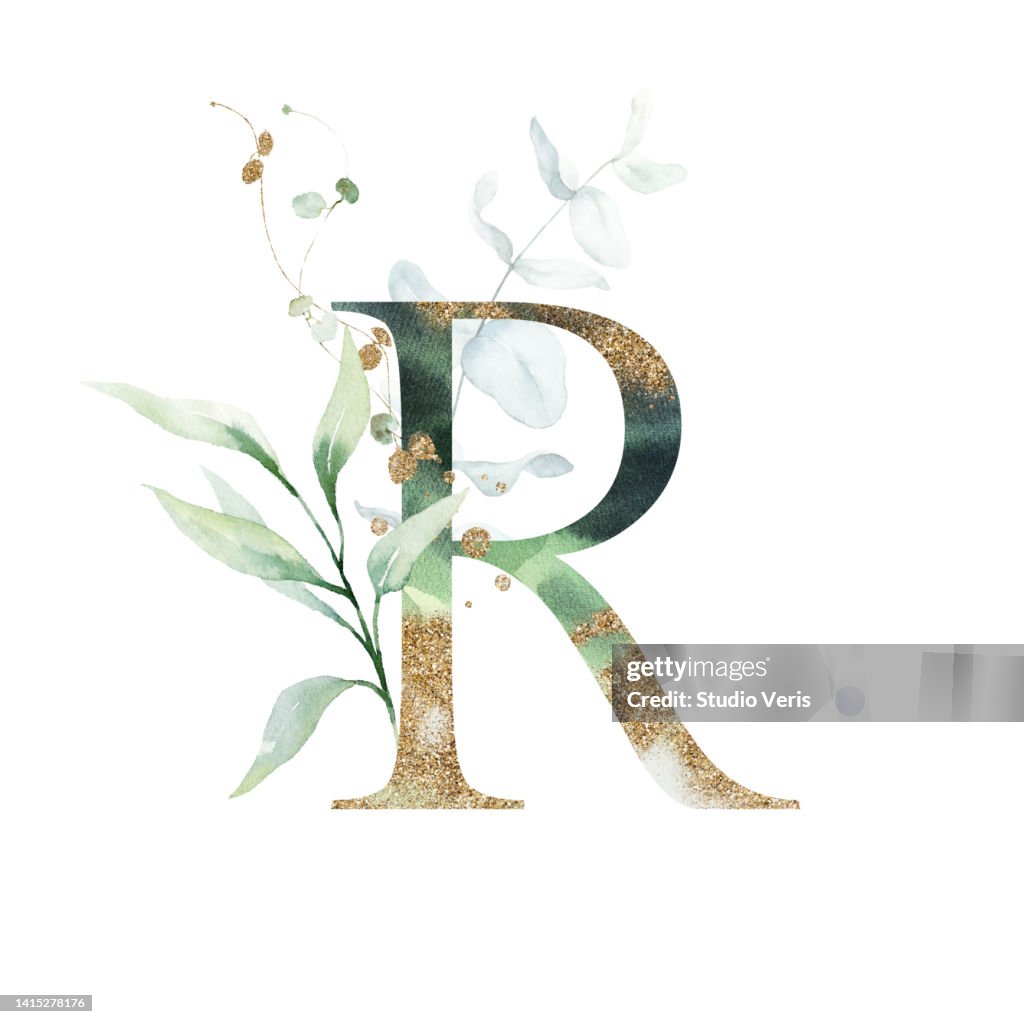Letter R Botanic Watercolor Gold Green Floral Alphabet Letter Sign Capital R With White ...