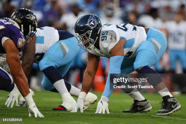 DeMarcus Walker of the Tennessee Titans lines up against the Baltimore Ravens during the first half at M&T Bank Stadium on August 11, 2022 in...