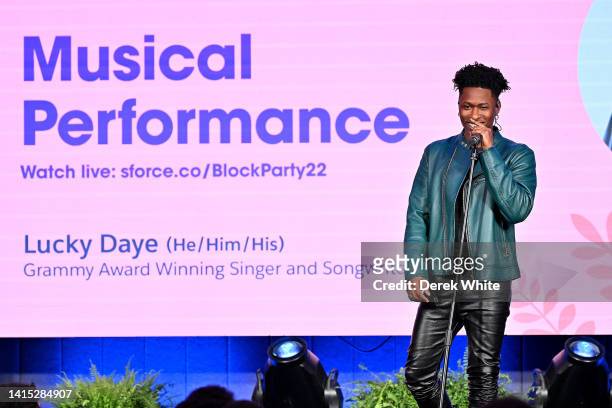 Lucky Daye performs on stage during the 2022 Salesforce Black Business Block Party at The Gathering Spot on August 16, 2022 in Atlanta, Georgia.