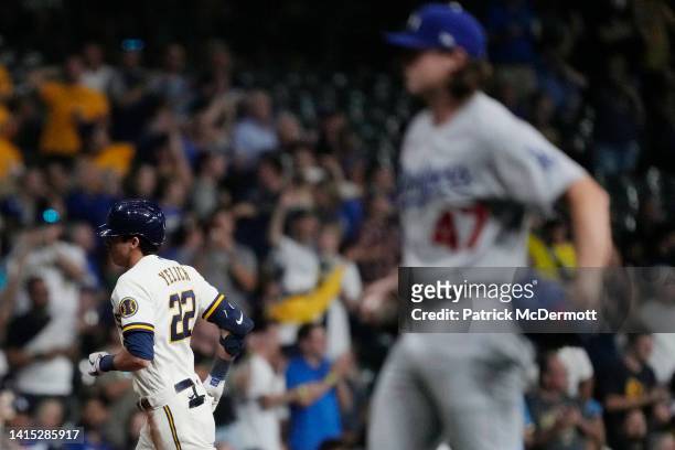 Christian Yelich of the Milwaukee Brewers runs the bases after hitting a solo home run against the Los Angeles Dodgers in the fifth inning at...