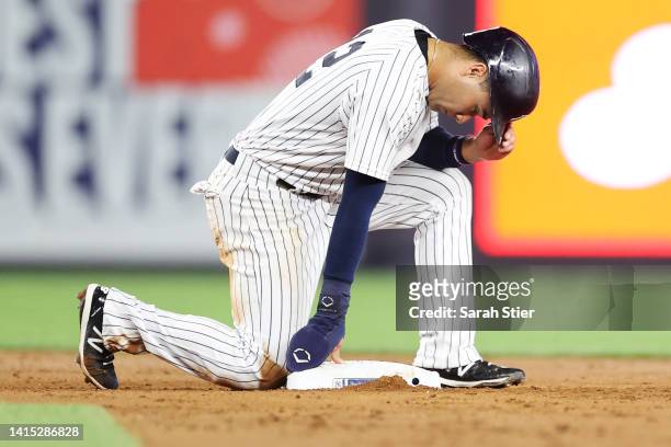 Isiah Kiner-Falefa of the New York Yankees reacts after being tagged out at second during the fifth inning against the Tampa Bay Rays at Yankee...