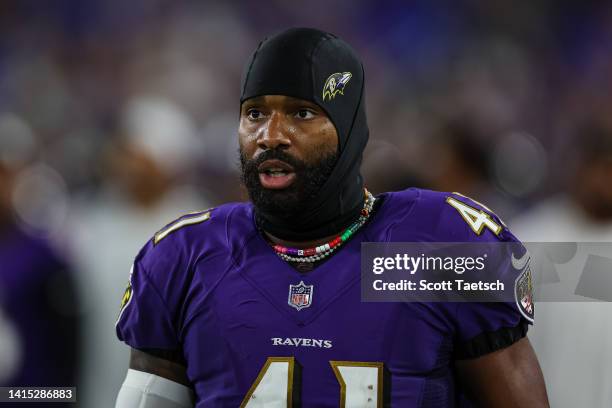 Daryl Worley of the Baltimore Ravens looks on against the Tennessee Titans during the second half at M&T Bank Stadium on August 11, 2022 in...