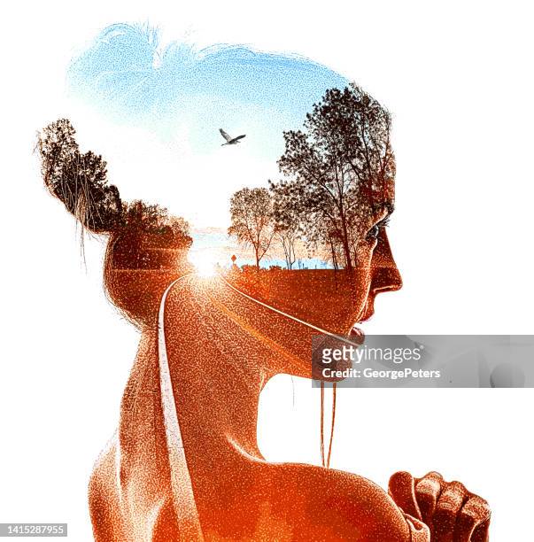 multiple exposure of beautiful woman and country road - two lanes to one stock illustrations