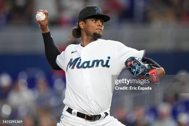 Edward Cabrera of the Miami Marlins throws a pitch during the second inning against the San Diego Padres at loanDepot park on August 16, 2022 in...