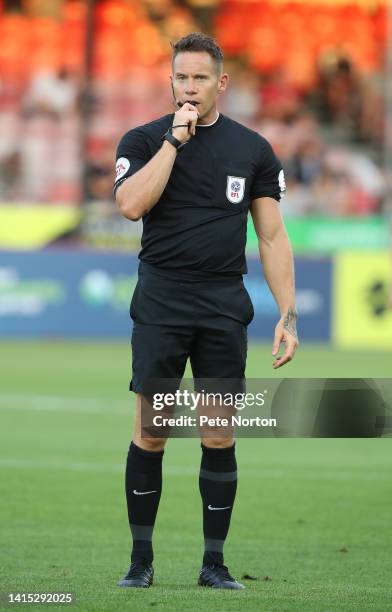 Referee Stephen Martin in action during the Sky Bet League Two between Crawley Town and Northampton Town at Broadfield Stadium on August 16, 2022 in...