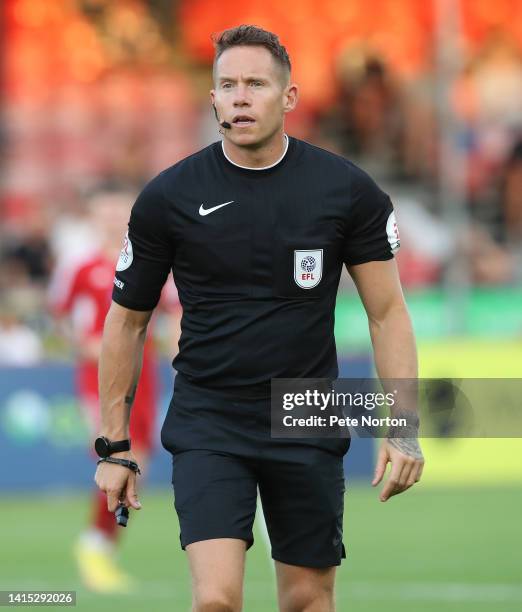 Referee Stephen Martin in actio during the Sky Bet League Two between Crawley Town and Northampton Town at Broadfield Stadium on August 16, 2022 in...