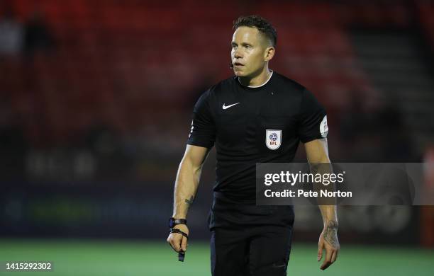 Referee Stephen Martin in actio during the Sky Bet League Two between Crawley Town and Northampton Town at Broadfield Stadium on August 16, 2022 in...