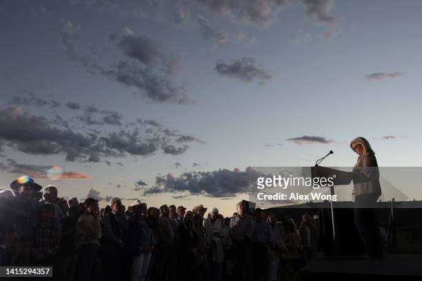 Rep. Liz Cheney gives a concession speech to supporters during a primary night event on August 16, 2022 in Jackson, Wyoming. Rep. Cheney was defeated...
