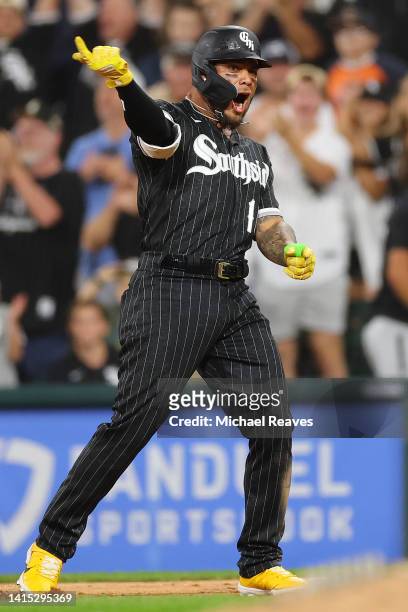 Yoan Moncada of the Chicago White Sox celebrates after hitting a RBI single during the eighth inning against the Houston Astros at Guaranteed Rate...