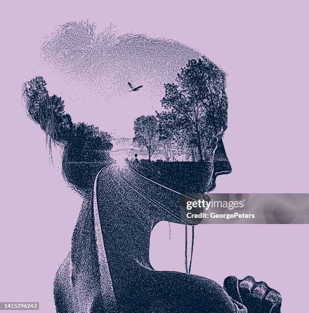 multiple exposure of beautiful woman and country road - winding road stock illustrations