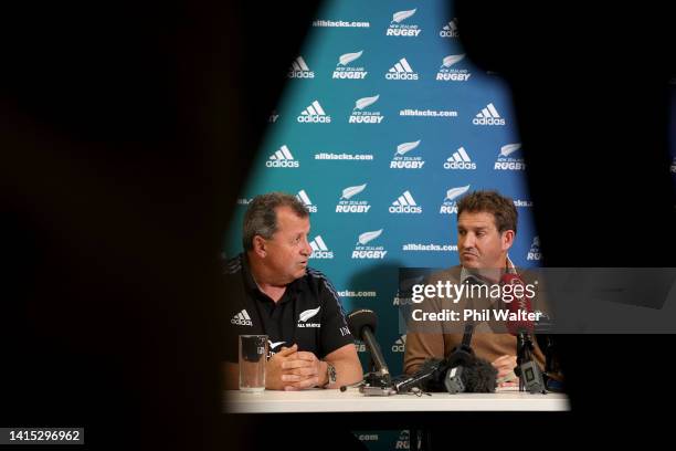 All Black Head Coach Ian Foster and NZR CEO Mark Robinson speak to the media during a press conference after the New Zealand Rugby board meeting at...