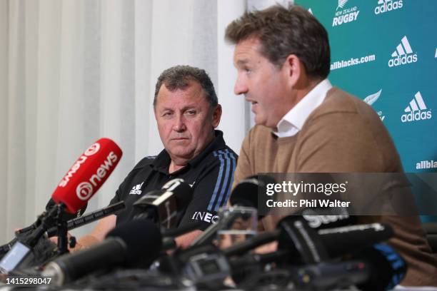 All Black Head Coach Ian Foster and NZR CEO Mark Robinson speak to the media during a press conference after the New Zealand Rugby board meeting at...