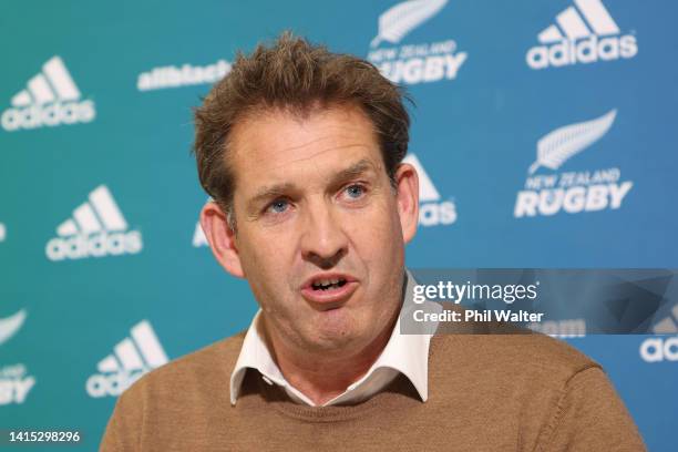 Mark Robinson speaks to the media during a press conference after the New Zealand Rugby board meeting at NZR Auckland Offices on August 17, 2022 in...