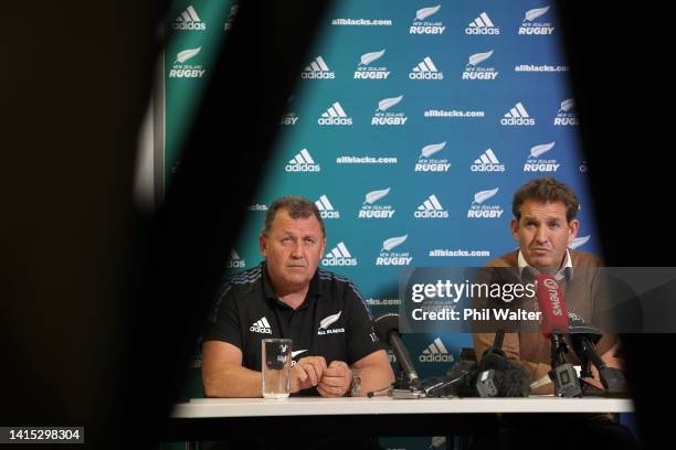 All Black Head Coach Ian Foster and NZR CEO Mark Robinson speak to the media during a press conference after the New Zealand Rugby board meeting at...