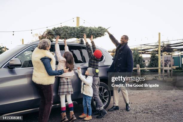 happy family loading christmas tree on car roof near garden center - modern tradition stock pictures, royalty-free photos & images