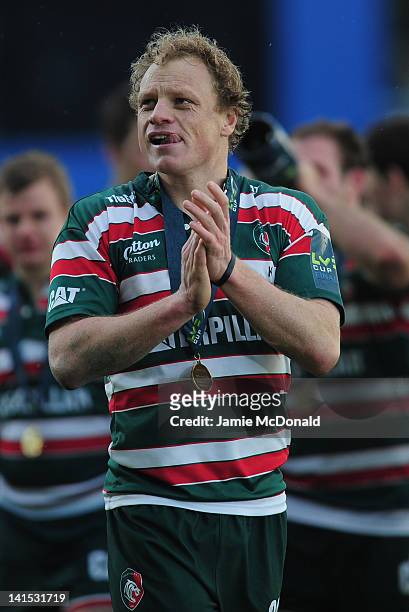 Scott Hamilton of Leicester Tigers celebrates during the LV= Cup Final match between Leicester Tigers and Northampton Saints at Sixways Stadium on...